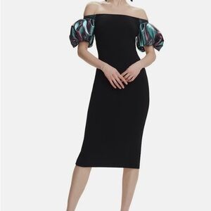 Theia Black Strapless Dress with Metallic Puff Sleeves